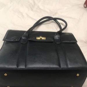 Black computer tote. Faux leather